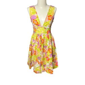 Vintage Style Floral V-Neck Sun Dress Yellow Orange Purple Pleated A-Line Midi